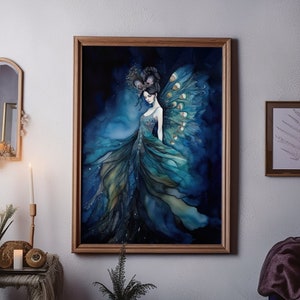 Peacock Fairy Whimsigoth Poster - Dark Watercolor and Alcohol Ink Wall Art