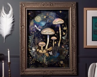 Night Sky Mushroom Art Print: Whimsigoth Gothic Home Decor