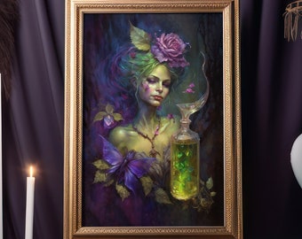 Whimsigoth Absinthe Fairy Art Nouveau Poster: Green Fairy with Purple Roses