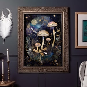 Night Sky Mushroom Wall Art Poster - Whimsigoth Witchcore Watercolor Print with Metallic Gold Accents for Gothic Home & Dark Academia Decor