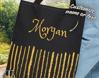 Custom Name Black and Gold Tote Bag: Minimalist Geometric Design