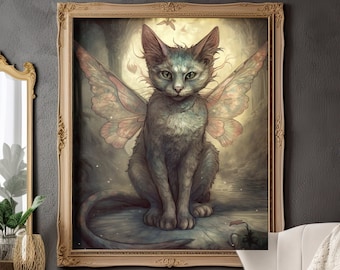 Winged Fairy Cat Art Print: Whimsical Earthtone Watercolor