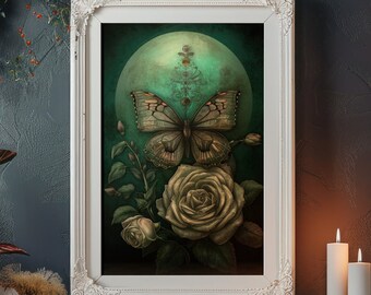 Whimsigoth Moth and Roses Poster: Dark Cottagecore Gothic Home Decor