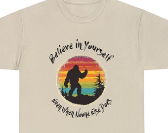 Retro Bigfoot T-Shirt – Believe In Yourself Rainbow Sasquatch Tee