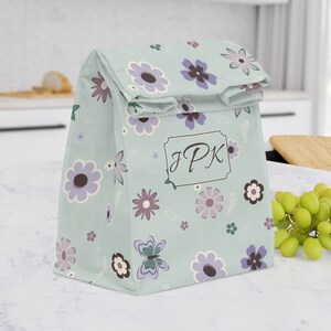 Custom Floral Lunch Bag with Name - Mint, Lavender, Mauve, and Brown Flower Design - Personalized Insulated School Bag for Girls and Women