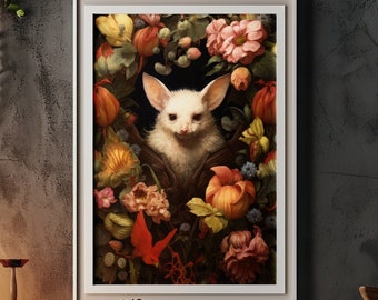 Albino Fruit Bat Floral Poster: Whimsigoth Dark Academia Wall Art