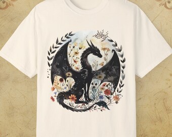 Floral Dragon Comfort Colors Tee - Abraxos Dragon Lover Shirt - Vintage Botanical Pressed Flowers Bookish Fantasy Gift
