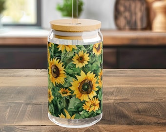 16 oz Watercolor Sunflower Sipper Glass with Wooden Lid and Straw