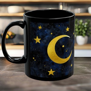 Celestial Moon and Stars Mug: Black Ceramic Coffee Cup