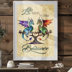 Poster di Dragon Balance: stampa artistica fantasy ad acquerello