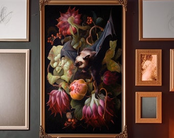 Fruit Bat and Red Exotic Floral Bouquet: Whimsigoth Wall Art Poster
