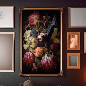 Fruit Bat and Red Exotic Floral Bouquet: Whimsigoth Wall Art Poster