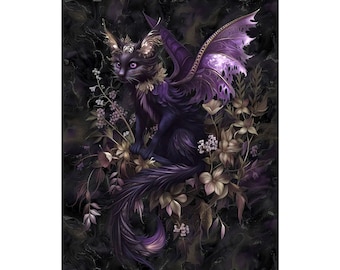 Purple Winged Cat Dragon Art Print: Enchanting Fantasy Poster