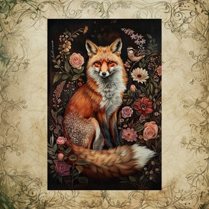 Stunning Fox Art Print - Gothic Wall Decor - Woodland Fox Print - Dark Academia Decor - Botanical Wall Art - Multiple Sizes Available