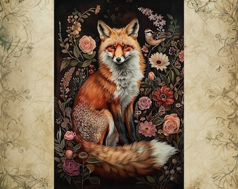Botanical Fox Art Print: Gothic Dark Academia Wall Decor