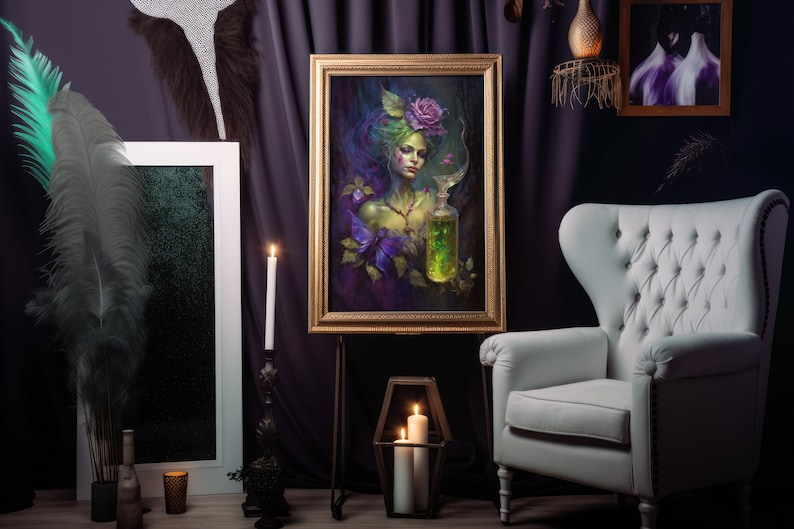 May include: A framed painting of a woman with green skin and a rose in her hair. She is holding a bottle of green liquid and a butterfly is flying near her. The painting is set against a dark purple background.