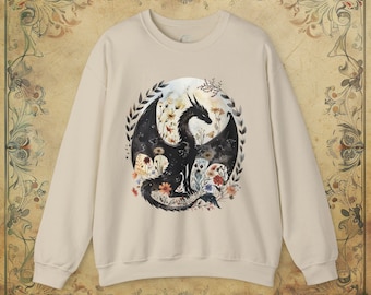 Dragon Flower Art Sweatshirt | Unisex Medium-Heavy Weight Poly-Cotton Blend Crewneck | Dragon Lover Gift, Bookish Gift, Epic Dragon Sweater