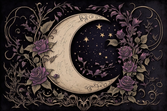 Whimsigoth Moon Poster With Gold Stars and Lavender Roses