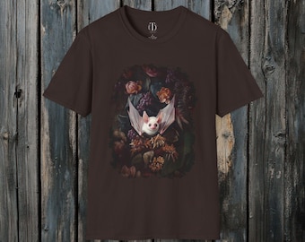 Whimsigothic Albino Bat Tee - Dark Cottagecore Halloween Shirt - Witchy Whimsigoth Tshirt - Gothic Bat Lover Gift - Spooky Season Tee