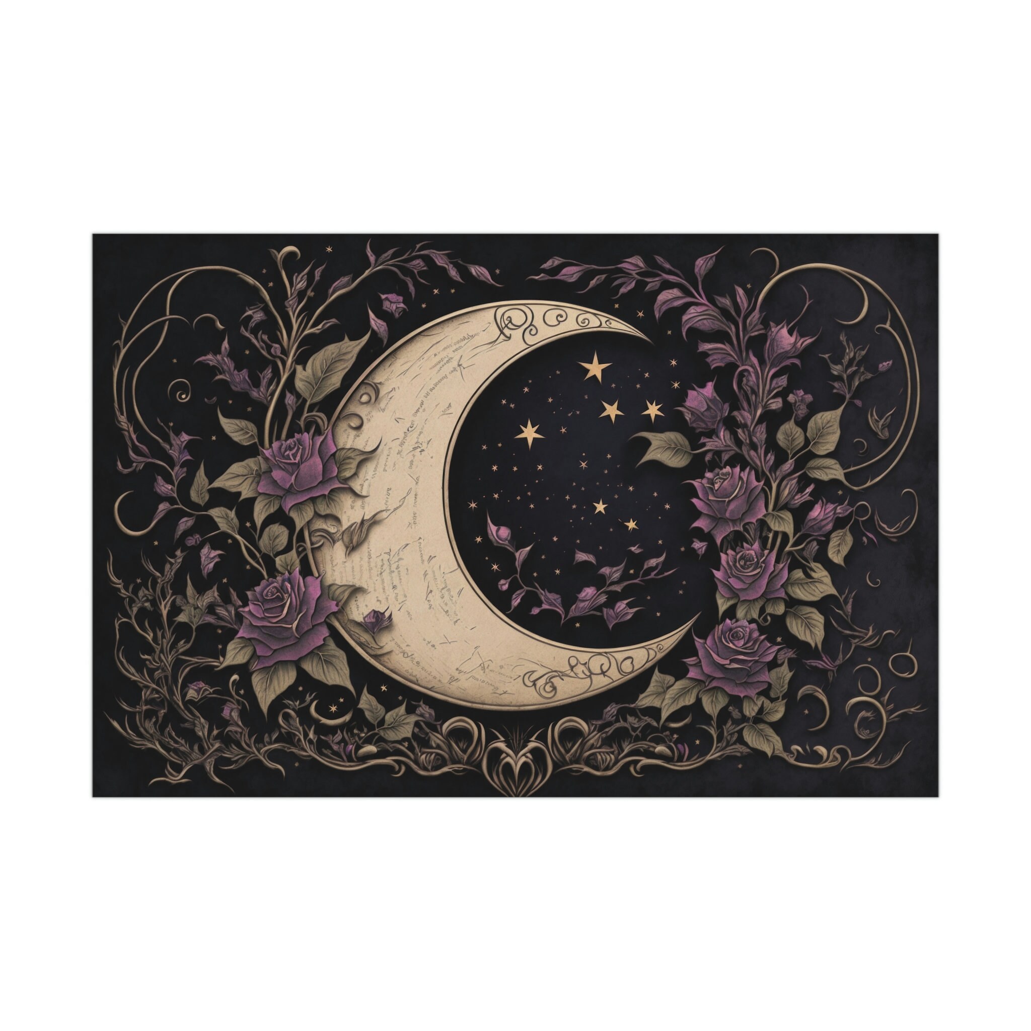 Whimsigoth Moon Poster With Gold Stars and Lavender Roses