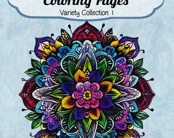 May include: A colorful mandala coloring page with intricate patterns and designs. The mandala is surrounded by a light blue background with the text "The Big Book of Mandalas & Patterns Coloring Pages Variety Collection I" and "By Genevieve Kiger Purdy".