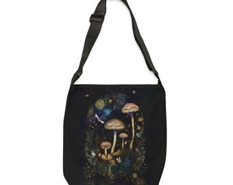 Borsa a tracolla a forma di fungo: stampa acquerello Whimsigoth Night Sky con dettagli dorati