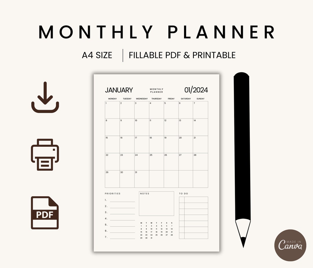 Beige Minimalist 2024 Printable Monthly Planner Monday & - Etsy