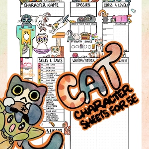 Pode incluir: Uma folha de personagem caprichosa para o jogo de mesa Dungeons & Dragons, com um tema de gato. A folha é preenchida com gatos ilustrados e inclui seções para o nome do personagem, espécie, habilidades e testes de resistência. O título "CAT CHARACTER SHEETS FOR 5E" é exibido de forma proeminente.