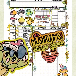 Może przedstawiać: Drukowana karta postaci do gry fabularnej. Karta jest ozdobiona grzybami i tekstem "Mushrooms! Character Sheets for 5E".
