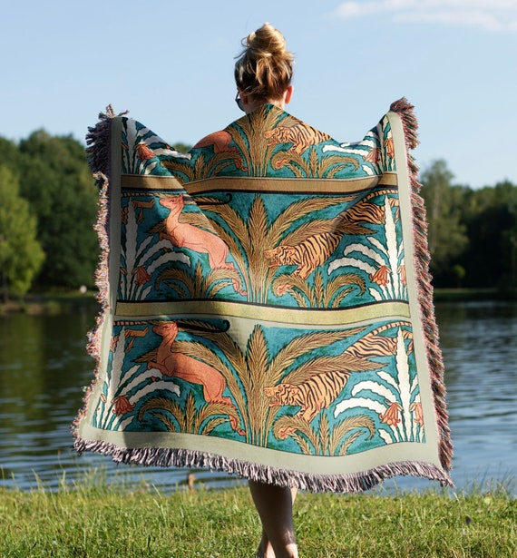 Tiger and Antelope Throw Blanket Gift for Nature Lover Art Nouveau