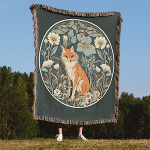 Fox Cottagecore Throw Blanket, Fox and floral woven blanket, aesthetic vintage style, mushrooms dandelions tapestry, greens ivory fox lover