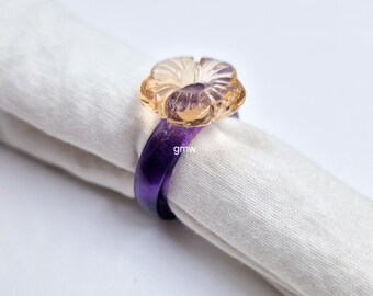 Handgemachte Blau Amethyst Quarz Hand geschnitzt & Citrin Quarz Blume Ring: Polierter Edelstein Blume Ring