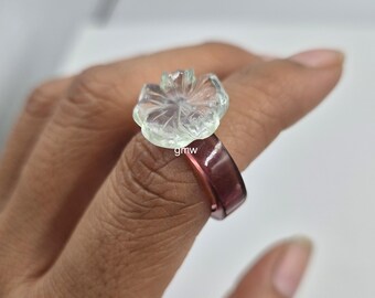 Handgemachte Amethyst Quarz Hand geschnitzt & Crystal Clear Quarz Blume Ring: Polierter Edelstein Blume Ring