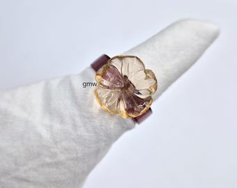 Handgemachte Amethyst Quarz Hand geschnitzte & Citrin Quarz Blume Ring: Polierter Edelstein Blume Ring