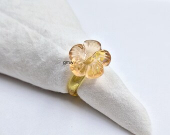Gelbe Quarz Hand geschnitzt & Citrin Quarz Blume Ring: Polierter Edelstein Blume Ring