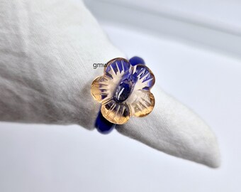 Hand geschnitzte Blauquarz Hand geschnitzte & Citrin Quarz Blume Ring: Polierter Edelstein Blume Ring
