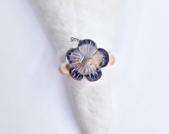 Handgemachte Citrine Quartz Hand geschnitzte & Iolite Quarz Blume Ring: Polierter Edelstein Blume Ring