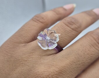 Handgemachte Blau Amethyst Quarz Hand geschnitzt & Crystal Clear Quarz Blume Ring: Polierter Edelstein Blume Ring