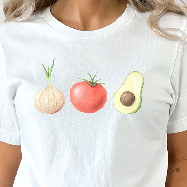 Tomato Onion T-Shirt for Summer Outfit, Watercolor Avocado Shirt, Foodie T-Shirt, Gift for Chef, Gift for Gardner, Vintage Cottagecore Shirt
