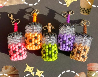 Kandi Boba Shaker Keychain | Strawberry, Peach, Taro, Matcha, Brown Sugar, Bubble Tea, Fidget Toy