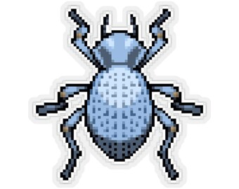 May include: A pixel art illustration of a blue beetle with six legs and two antennae. The beetle has a light blue body with a darker blue pattern and brown accents on its legs.