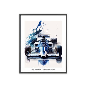 Puede incluir: Una pintura de acuarela de un coche de carreras de Fórmula 1 azul y blanco con el número 2 en el lateral. El coche está rodeado de salpicaduras de pintura azul. El texto "Jody Scheckter | Tyrrell P34 | 1976" está debajo del coche.