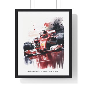 May include: A watercolor painting of a red Ferrari SF90 Formula 1 race car driven by Sebastian Vettel. The car is in motion and the background is a blur of red and black.
