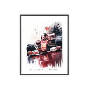 May include: A watercolor painting of a red Formula 1 race car driven by Sebastian Vettel. The car is a Ferrari SF90 from the 2019 season. The car is depicted in motion with a blurred background.