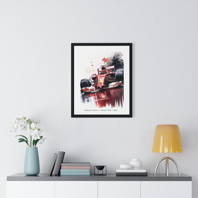 May include: A watercolor painting of a red Formula 1 race car with the text "Sebastian Vettel | Ferrari SF90 | 2019" at the bottom.
