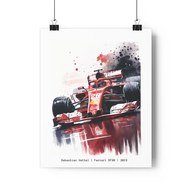 May include: A watercolor painting of a red Ferrari SF90 Formula One race car driven by Sebastian Vettel. The car is in motion and the background is blurred. The text "Sebastian Vettel | Ferrari SF90 | 2019" is at the bottom of the image.