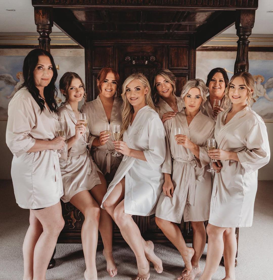 Custom Blush Silk Satin Bridesmaid Robes: Glitter Vinyl Wedding Party ...