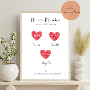 Affiche nounou personnalisée , "nounou et ses petits cœurs" - cœur fleurie et prénom - cadeau nourrice