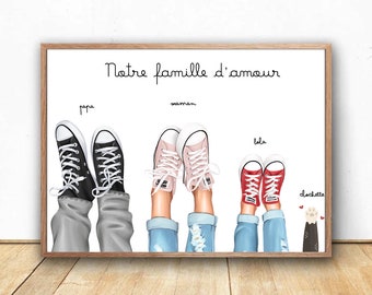 Personalized family poster basketball shoes - family jean basketball converse and animals - personalized family gift - family portrait