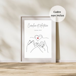 Cartel de pareja con nombres y fecha personalizada, San Valentín, boda, reunión, unión civil, cartel de pareja minimalista de la mano